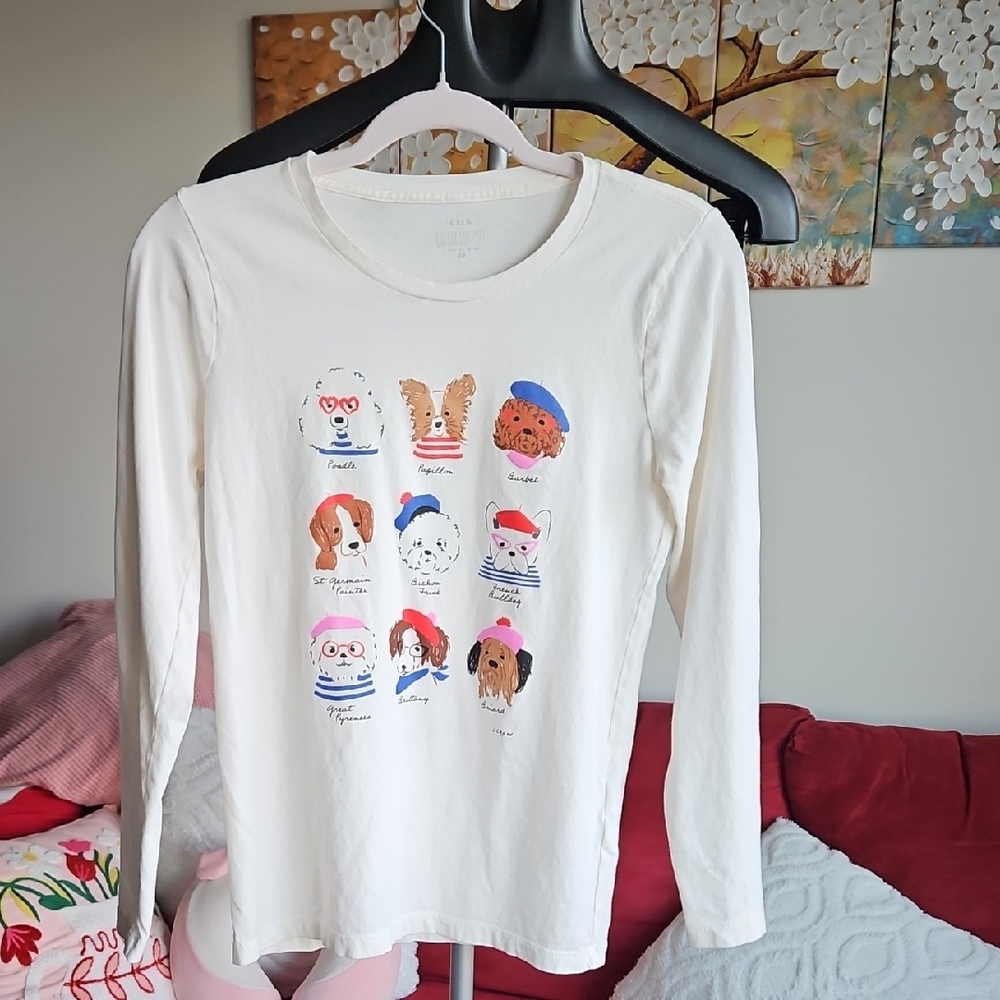 J.Crew Dog Print Long Sleeve Tee XS White